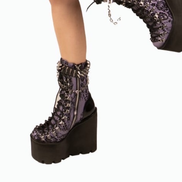 Dolls Kill Black and Purple Haunted Traitor Lace Boots - Picture 7 of 11